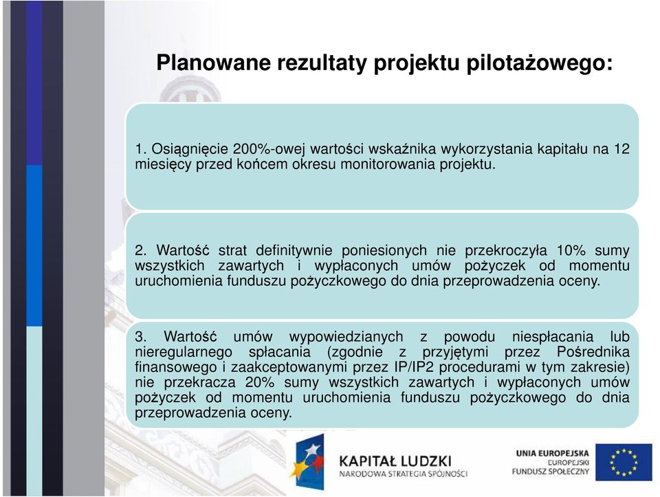 Wartość strat definitywnie poniesionych nie przekroczyła 10% sumy wszystkich zawartych i wypłaconych umów pożyczek od momentu uruchomienia funduszu pożyczkowego do dnia