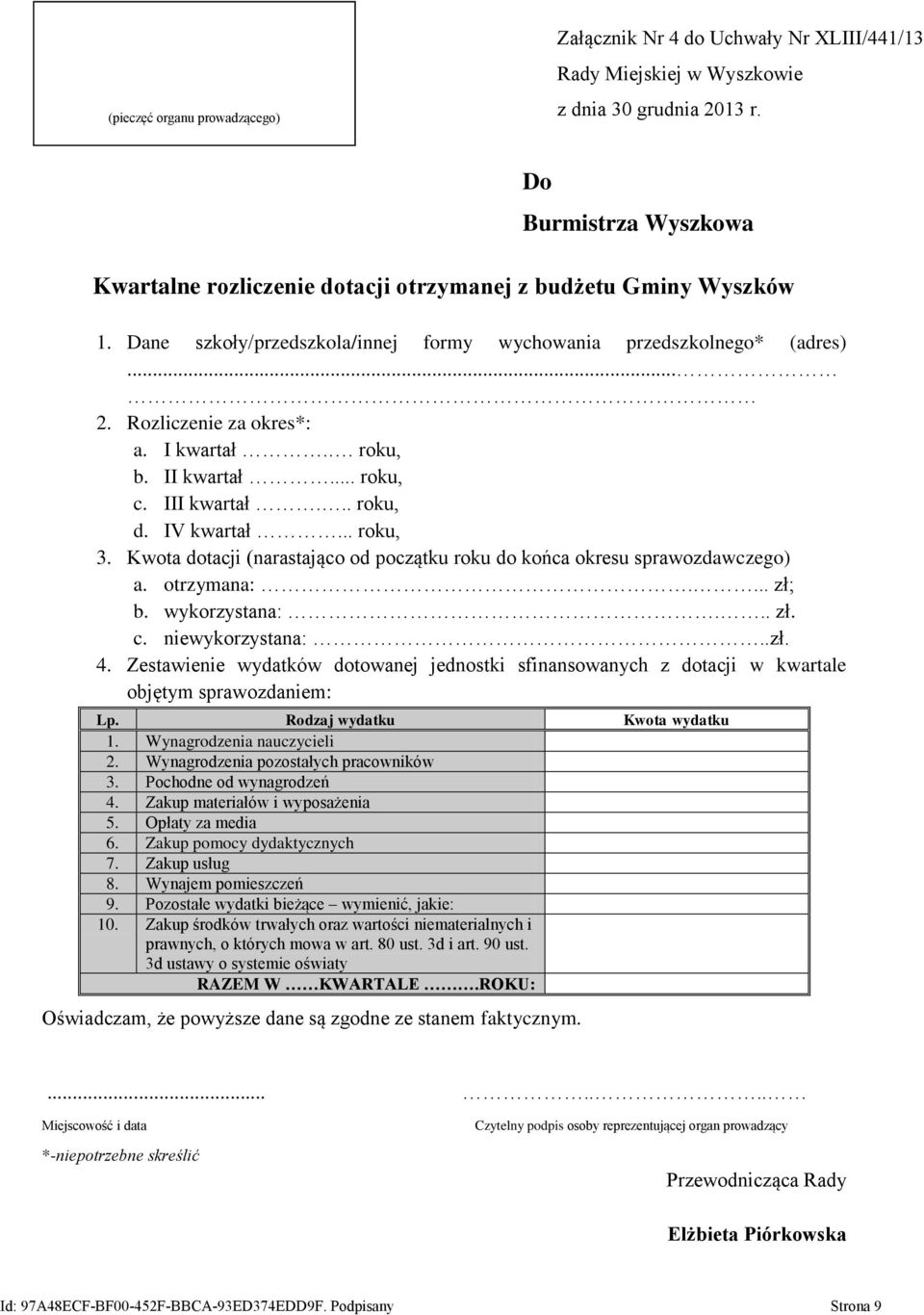 .. roku, 3. Kwota dotacji (narastająco od początku roku do końca okresu sprawozdawczego) a. otrzymana:.... zł; b. wykorzystana:... zł. c. niewykorzystana:..zł. 4.