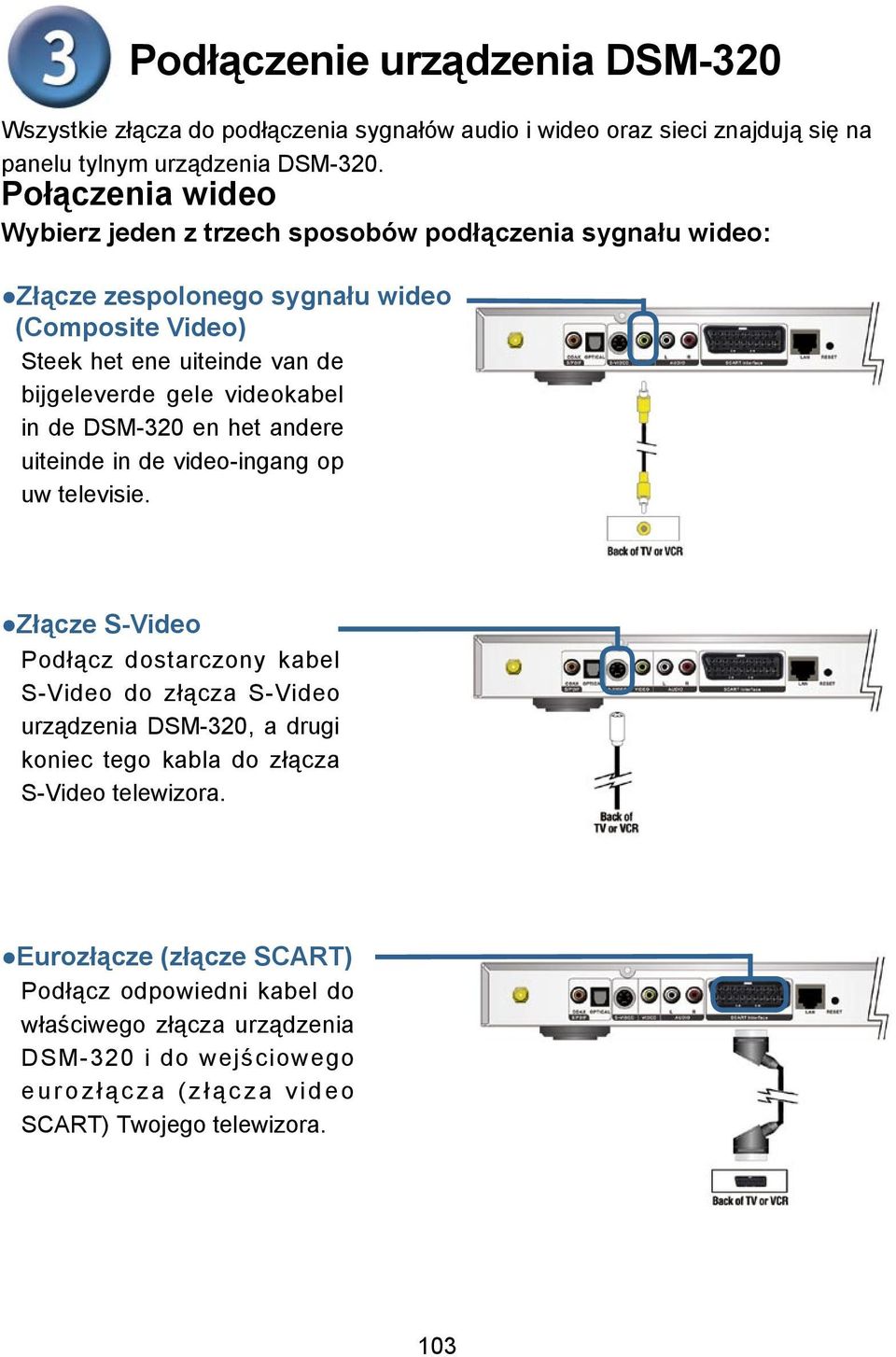 videokabel in de DSM-320 en het andere uiteinde in de video-ingang op uw televisie.
