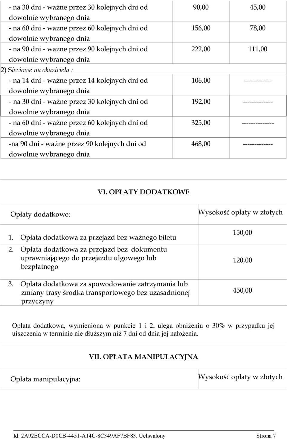 ------------ 192,00 ------------- 325,00 -------------- 468,00 ------------- VI. OPŁATY DODATKOWE Opłaty dodatkowe: 1. Opłata dodatkowa za przejazd bez ważnego biletu 2.