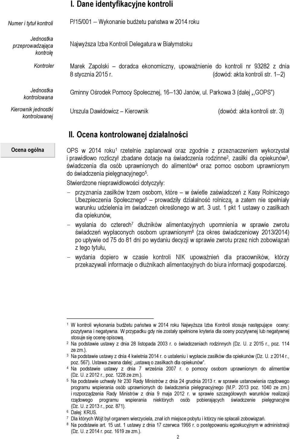 1 2) Gminny Ośrodek Pomocy Społecznej, 16 130 Janów, ul. Parkowa 3 (dalej,gops ) Urszula Dawidowicz Kierownik (dowód: akta kontroli str. 3) II.