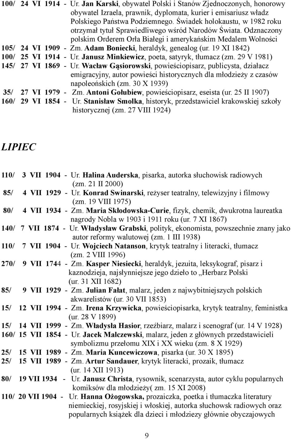 Adam Boniecki, heraldyk, genealog (ur. 19 XI 1842) 100/ 25 VI 1914 - Ur. Janusz Minkiewicz, poeta, satyryk, tłumacz (zm. 29 V 1981) 145/ 27 VI 1869 - Ur.