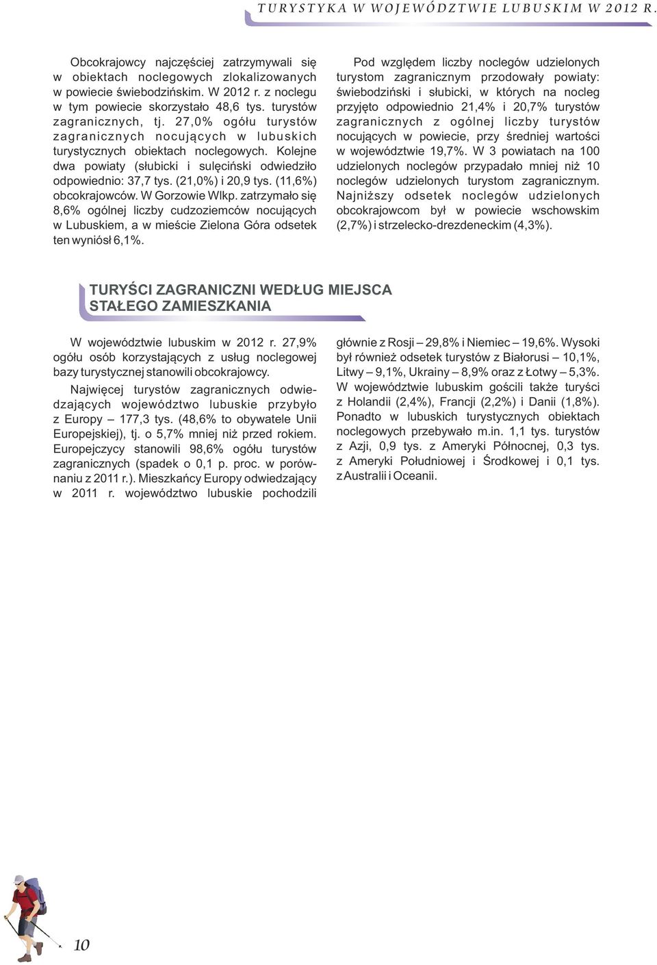 (11,6%) obcokrajowców. W Gorzowie Wlkp. zatrzymało się 8,6% ogólnej liczby cudzoziemców nocujących w Lubuskiem, a w mieście Zielona Góra odsetek ten wyniósł 6,1%.