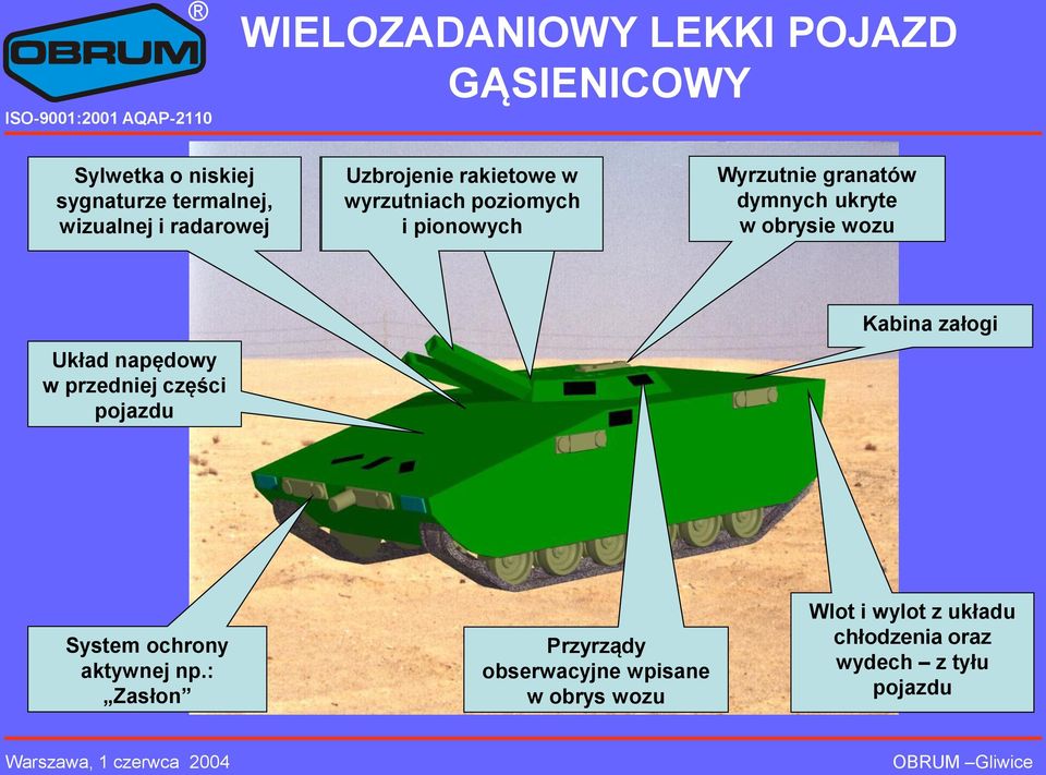 w obrysie wozu Układ napędowy w przedniej części pojazdu Kabina załogi System ochrony aktywnej np.