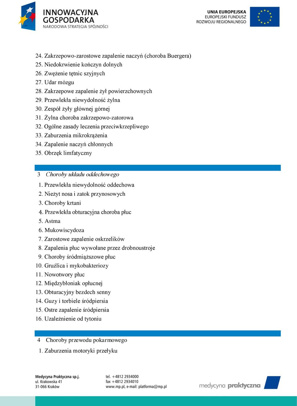 Zapalenie naczyń chłonnych 35. Obrzęk limfatyczny 3 Choroby układu oddechowego 1. Przewlekła niewydolność oddechowa 2. Nieżyt nosa i zatok przynosowych 3. Choroby krtani 4.