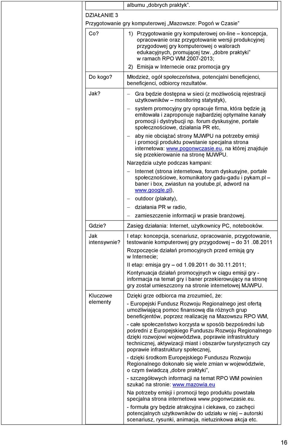 dobre praktyki w ramach RPO WM 2007-2013; 2) Emisja w Internecie oraz promocja gry Młodzież, ogół społeczeństwa, potencjalni beneficjenci, beneficjenci, odbiorcy rezultatów.