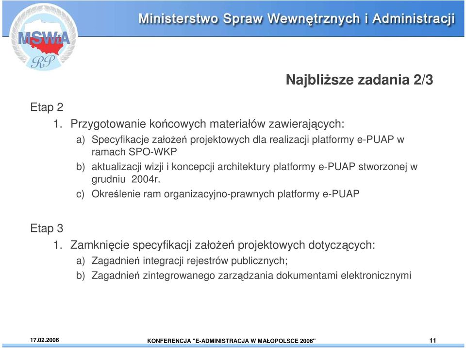 e-puap w ramach SPO-WKP b) aktualizacji wizji i koncepcji architektury platformy e-puap stworzonej w grudniu 2004r.