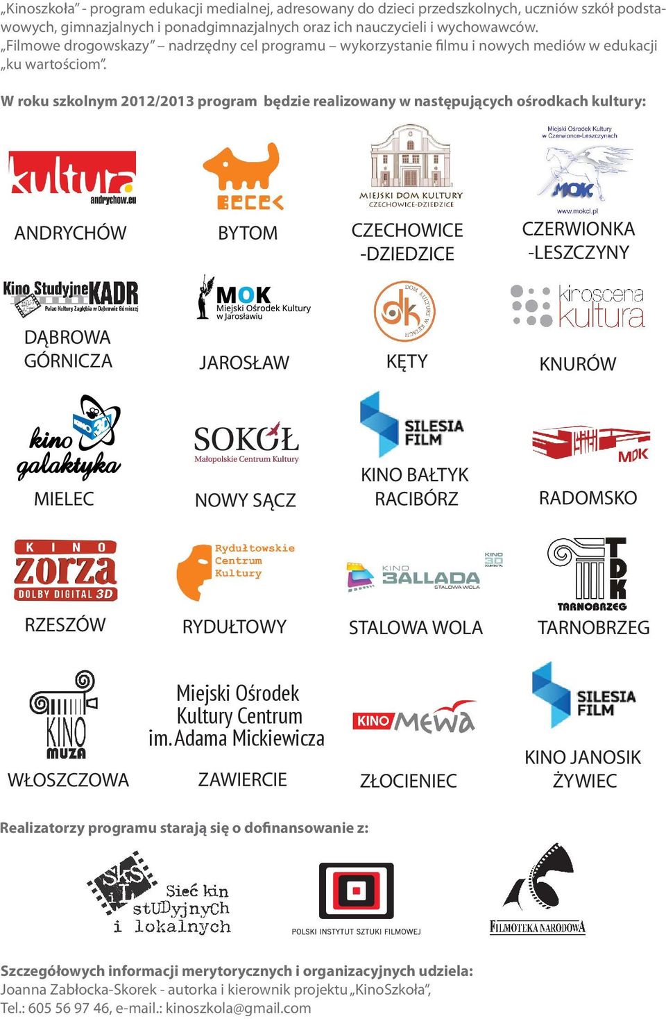 W roku szkolnym 2012/2013 program będzie realizowany w następujących ośrodkach kultury: ANDRYCHÓW BYTOM CZECHOWICE -DZIEDZICE CZERWIONKA -LESZCZYNY DĄBROWA GÓRNICZA JAROSŁAW KĘTY KNURÓW MIELEC NOWY