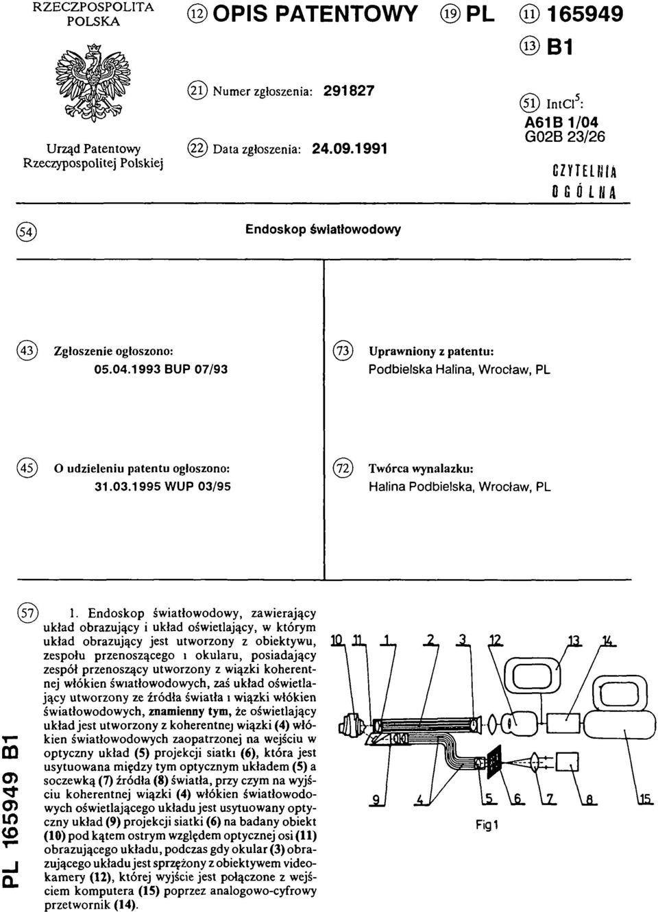 1993 BUP 07/93 (73) Uprawniony z patentu: Podbielska Halina, Wrocław, PL (45) O udzieleniu patentu ogłoszono: 31.03.
