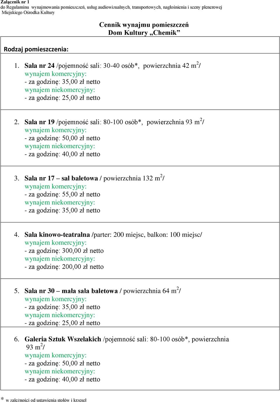 Sala nr 19 /pojemność sali: 80-100 osób*, powierzchnia 93 m 2 / - za godzinę: 50,00 zł netto - za godzinę: 40,00 zł netto 3.