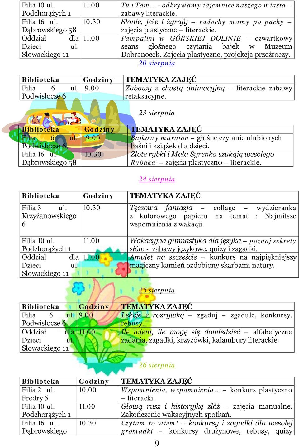 Filia 1 ul. Dąbrowskiego 58 10.30 Złote rybki i Mała Syrenka szukają wesołego Rybaka zajęcia plastyczn0 literackie. 24 sierpnia Filia 3 ul. 10.30 Tęczowa fantazja collage wydzieranka z kolorowego papieru na temat : Najmilsze wspomnienia z wakacji.