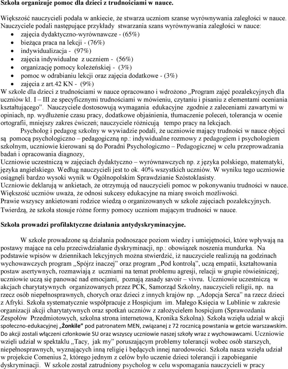 indywidualne z uczniem - (56%) organizację pomocy koleżeńskiej - (3%) pomoc w odrabianiu lekcji oraz zajęcia dodatkowe - (3%) zajęcia z art.