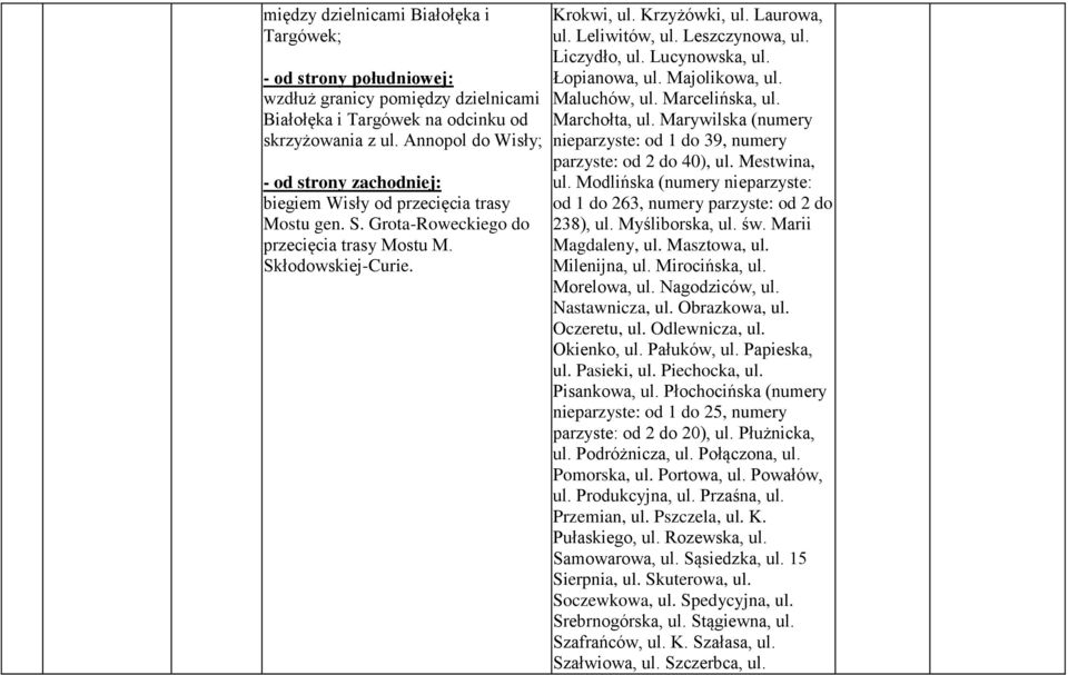 Leliwitów, ul. Leszczynowa, ul. Liczydło, ul. Lucynowska, ul. Łopianowa, ul. Majolikowa, ul. Maluchów, ul. Marcelińska, ul. Marchołta, ul.