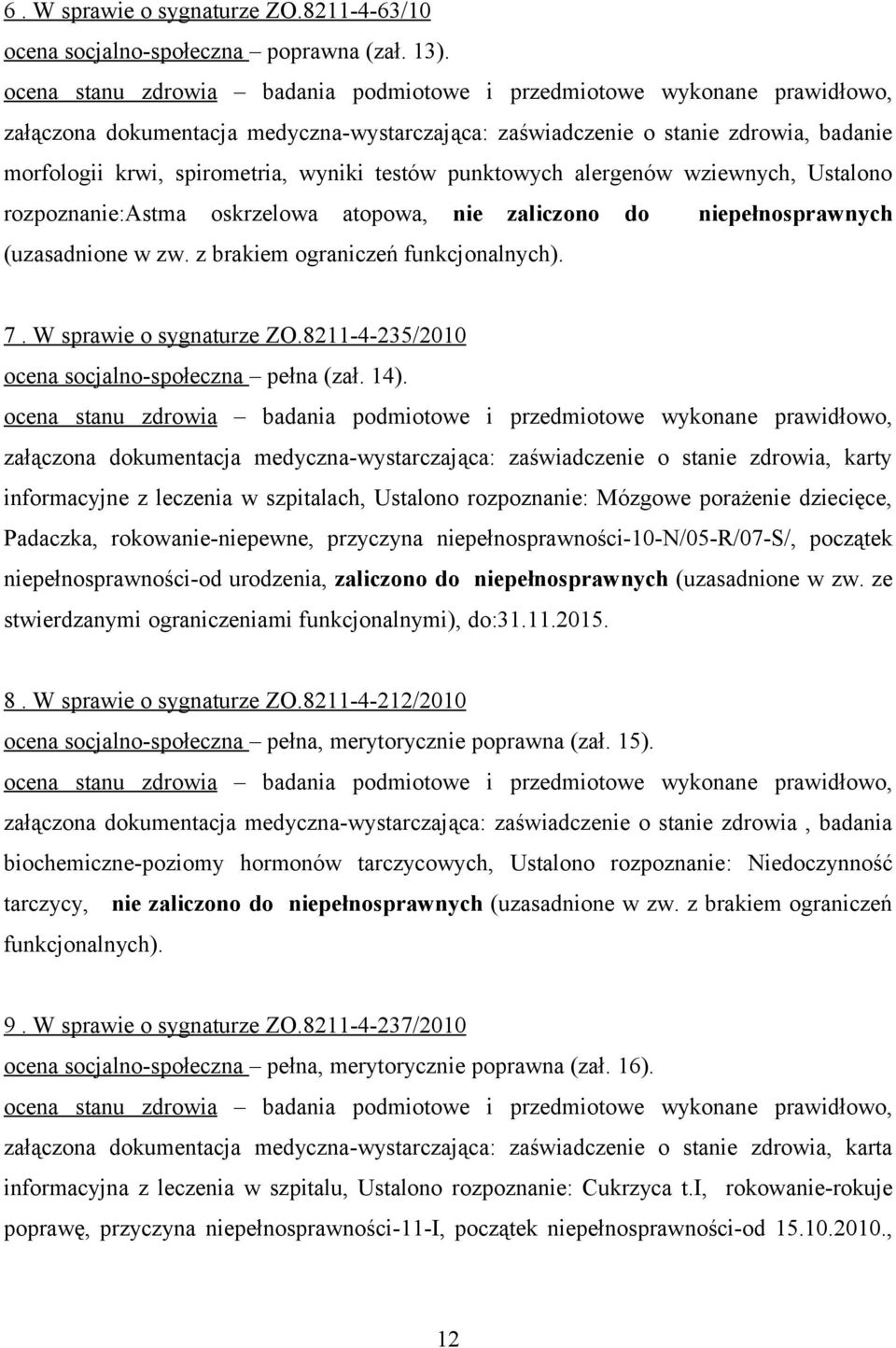 oskrzelowa atopowa, nie zaliczono do niepełnosprawnych (uzasadnione w zw. z brakiem ograniczeń funkcjonalnych). 7. W sprawie o sygnaturze ZO.8211-4-235/2010 ocena socjalno-społeczna pełna (zał. 14).