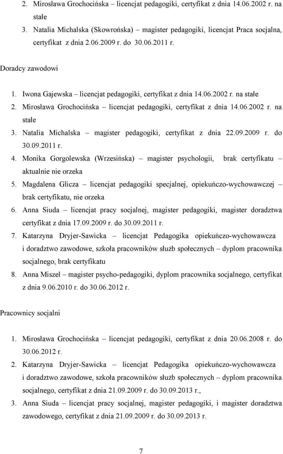 Natalia Michalska magister pedagogiki, certyfikat z dnia 22.09.2009 r. do 30.09.2011 r. 4. Monika Gorgolewska (Wrzesińska) magister psychologii, brak certyfikatu aktualnie nie orzeka 5.