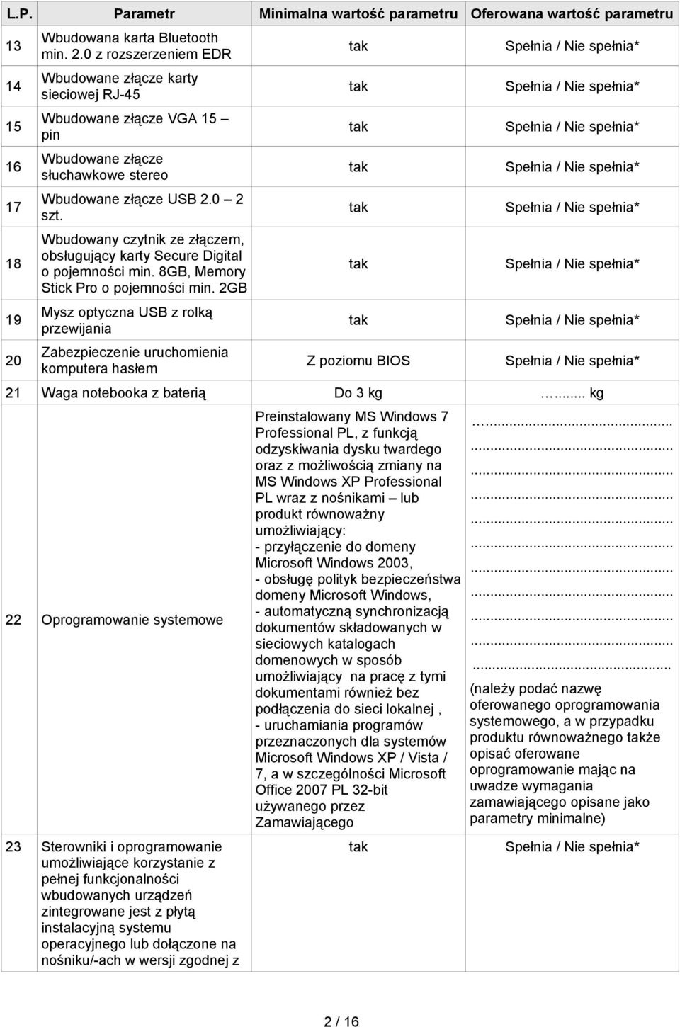 2GB Mysz optyczna USB z rolką przewijania Zabezpieczenie uruchomienia komputera hasłem Z poziomu BIOS 21 Waga notebooka z baterią Do 3 kg.