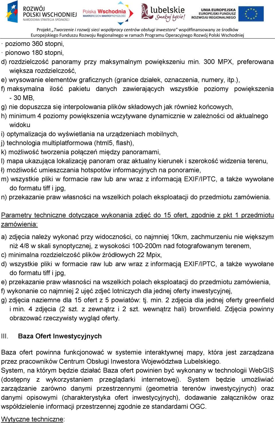 ), f) maksymalna ilość pakietu danych zawierających wszystkie poziomy powiększenia - 30 MB, g) nie dopuszcza się interpolowania plików składowych jak również końcowych, h) minimum 4 poziomy