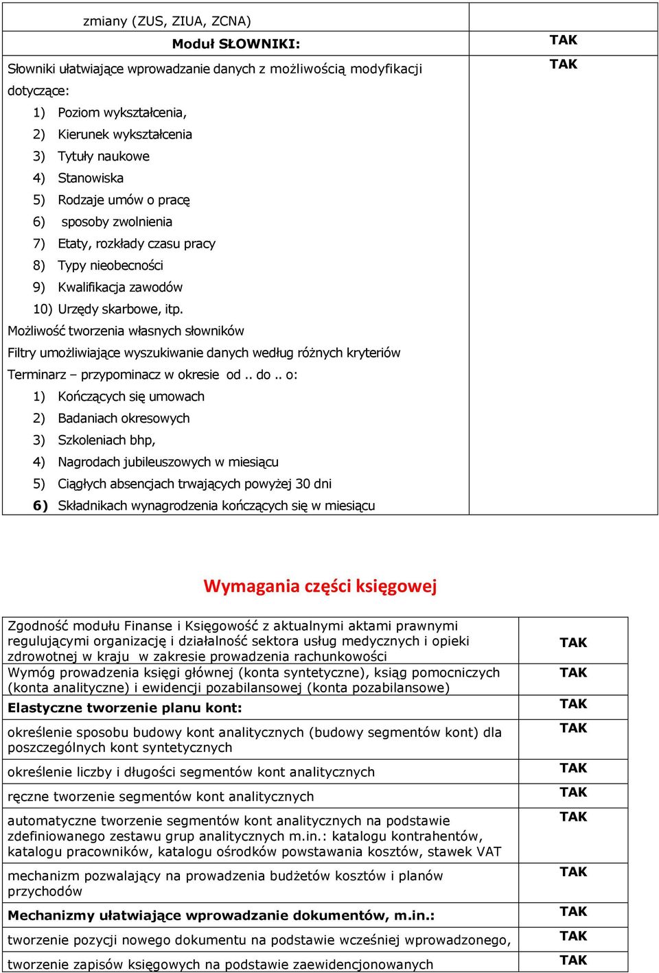 Możliwość tworzenia własnych słowników Filtry umożliwiające wyszukiwanie danych według różnych kryteriów Terminarz przypominacz w okresie od.. do.