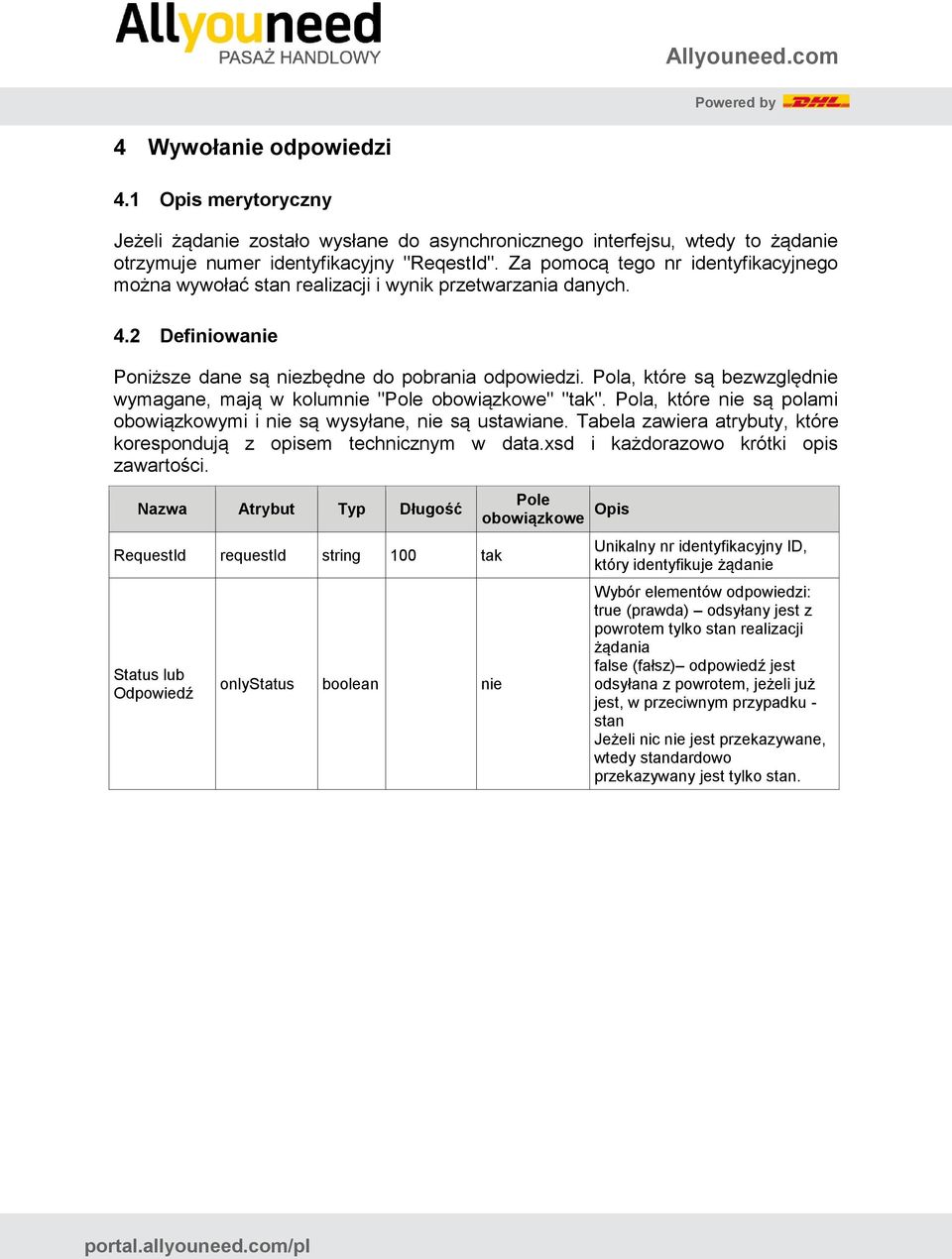 Pola, które są bezwzględnie wymagane, mają w kolumnie "Pole obowiązkowe" "tak". Pola, które nie są polami obowiązkowymi i nie są wysyłane, nie są ustawiane.