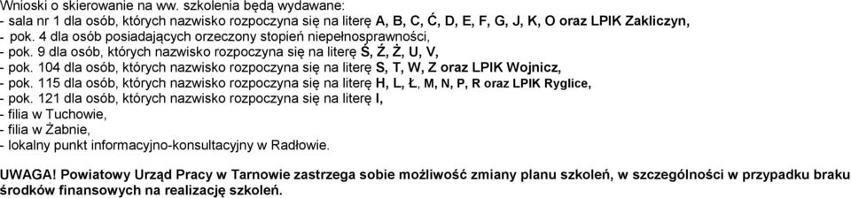 104 dla osób, których nazwisko rozpoczyna się na literę S, T, W, Z oraz LPIK Wojnicz, - pok. 115 dla osób, których nazwisko rozpoczyna się na literę H, L, Ł, M, N, P, R oraz LPIK Ryglice, - pok.