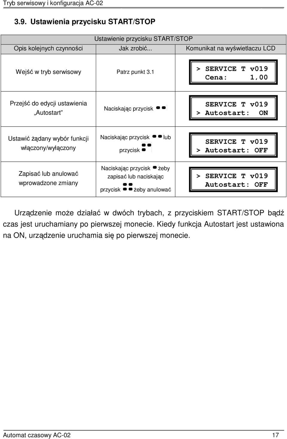 funkcji włączony/wyłączony przycisk lub > Autostart: b OFF Zapisać lub anulować wprowadzone zmiany Ŝeby zapisać lub naciskając przycisk Ŝeby