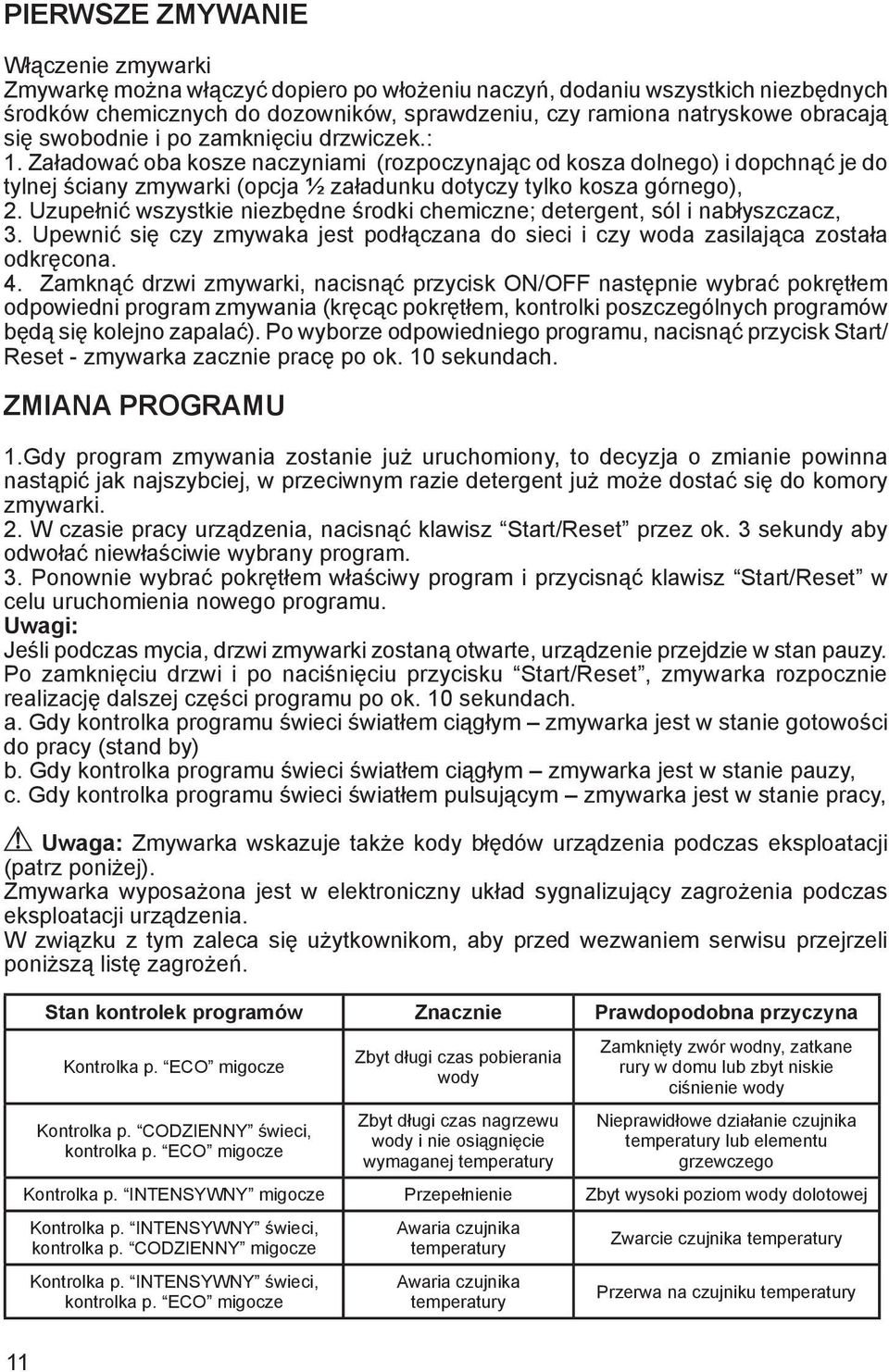 Uzupełnić wszystkie niezbędne środki chemiczne; detergent, sól i nabłyszczacz,. Upewnić się czy zmywaka jest podłączana do sieci i czy woda zasilająca została odkręcona. 4.