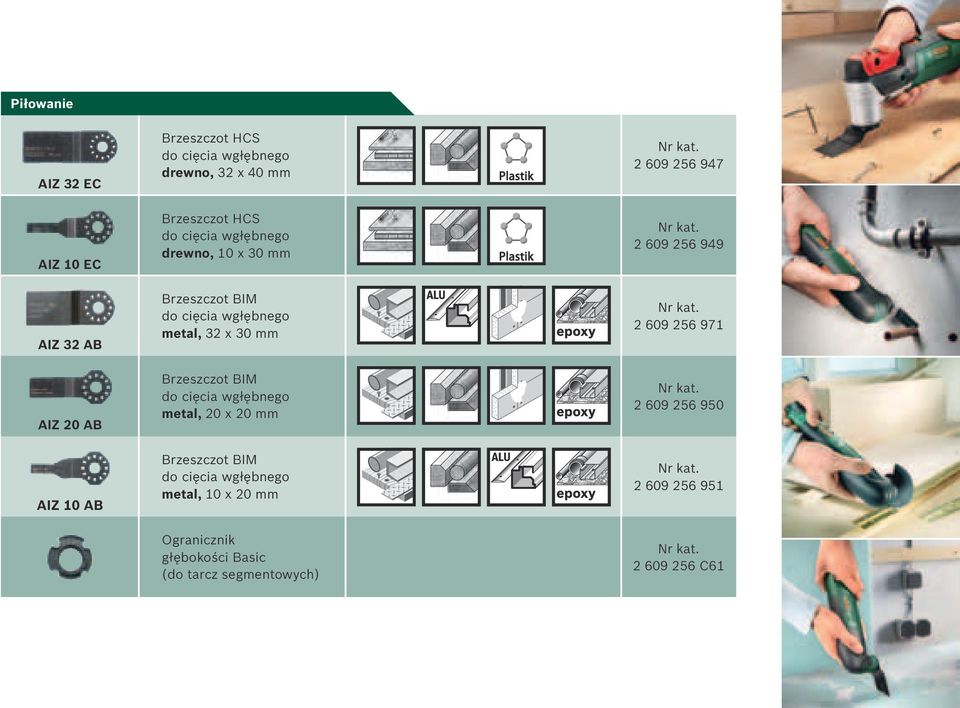 x 30 mm 2 609 256 971 AIZ 20 AB Brzeszczot BIM do cięcia wgłębnego metal, 20 x 20 mm 2 609 256 950 AIZ 10 AB Brzeszczot