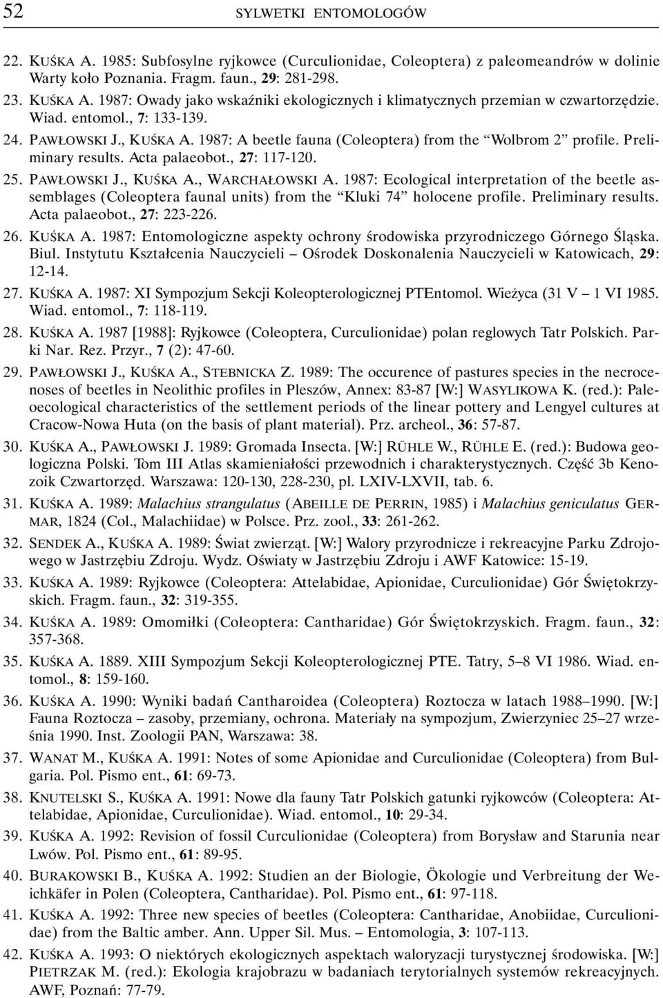 1987: Ecological interpretation of the beetle assemblages (Coleoptera faunal units) from the Kluki 74 holocene profile. Preliminary results. Acta palaeobot., 27: 223-226. 26. KUŚKA A.