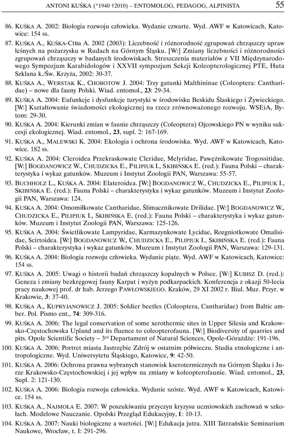 Streszczenia materiałów z VII Międzynarodowego Sympozjum Karabidologów i XXVII sympozjum Sekcji Koleopterologicznej PTE, Huta Szklana k./św. Krzyża, 2002: 30-37. 88. KUŚKA A., WERSTAK K., CHOBOTOW J.