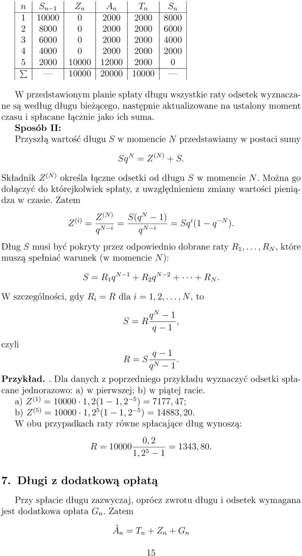 Sposób II: Przyszłą wartość długu S w momencie N przedstawiamy w postaci sumy Sq N = Z (N) + S. Składnik Z (N) określa łączne odsetki od długu S w momencie N.