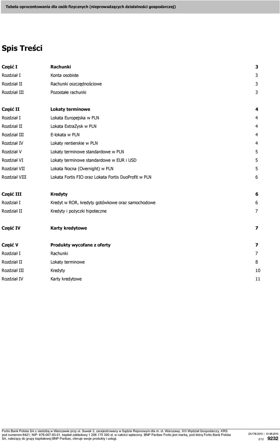 EUR i USD 5 Rozdział VII Lokata Nocna (Overnight) w PLN 5 Rozdział VIII Lokata Fortis FIO oraz Lokata Fortis DuoProfit w PLN 6 Część III Kredyty 6 Rozdział I Kredyt w ROR, kredyty gotówkowe oraz