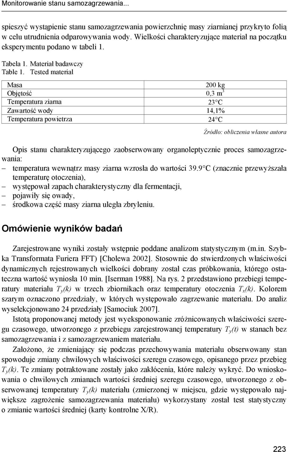 Tested material Masa 2 kg Objętość,3 m 3 Temperatura ziarna 23 C Zawartość wody 14,1% Temperatura powietrza 24 C Źródło: obliczenia własne autora Opis stanu charakteryzującego zaobserwowany