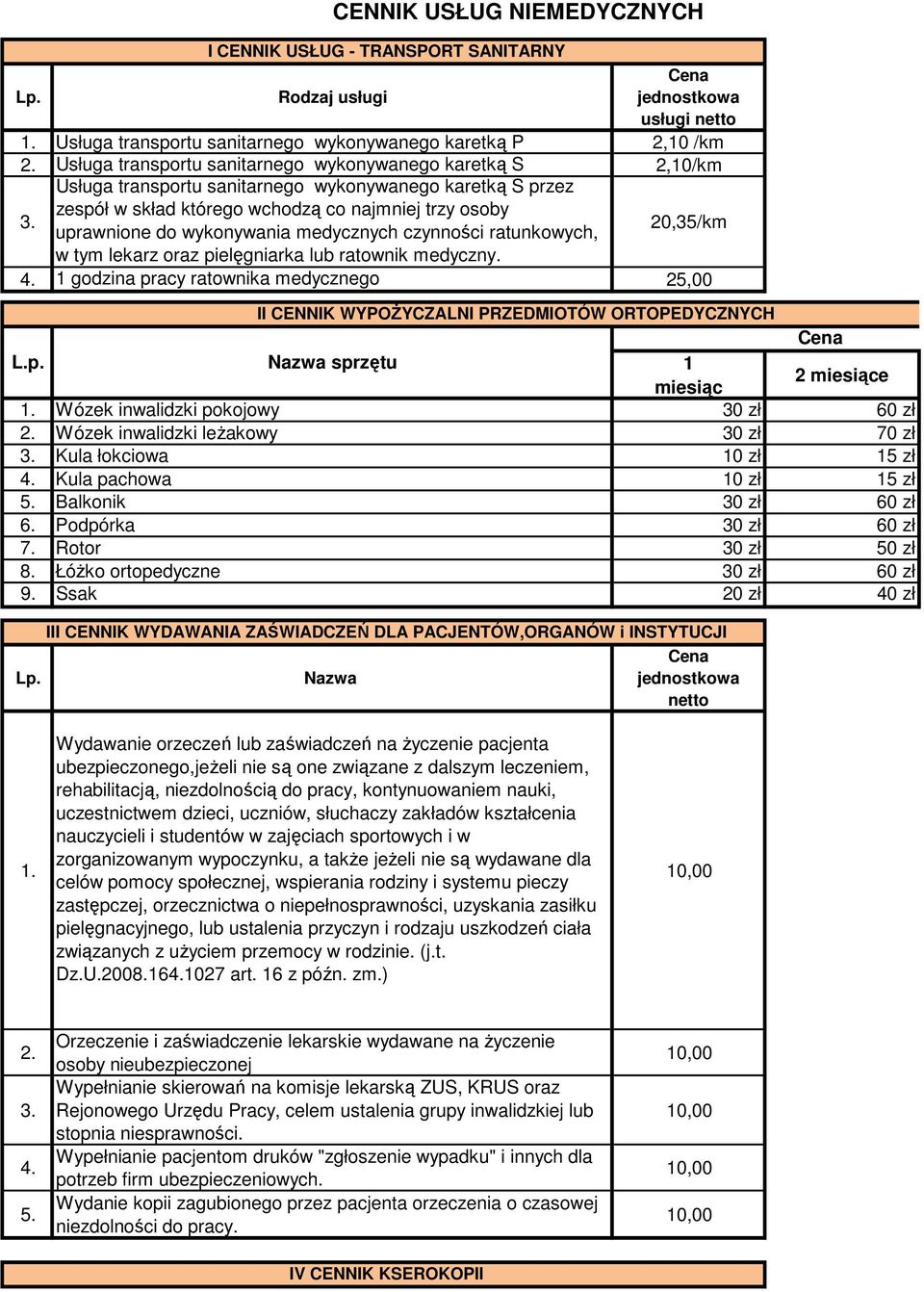medycznych czynności ratunkowych, 20,35/km w tym lekarz oraz pielęgniarka lub ratownik medyczny. 4. 1 godzina pracy ratownika medycznego 25,00 II CENNIK WYPOŻYCZALNI PRZEDMIOTÓW ORTOPEDYCZNYCH L.p. Nazwa sprzętu 1 miesiąc 2 miesiące Wózek inwalidzki pokojowy 30 zł 60 zł 2.