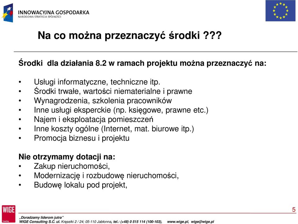 Środki trwałe, wartości niematerialne i prawne Wynagrodzenia, szkolenia pracowników Inne usługi eksperckie (np.