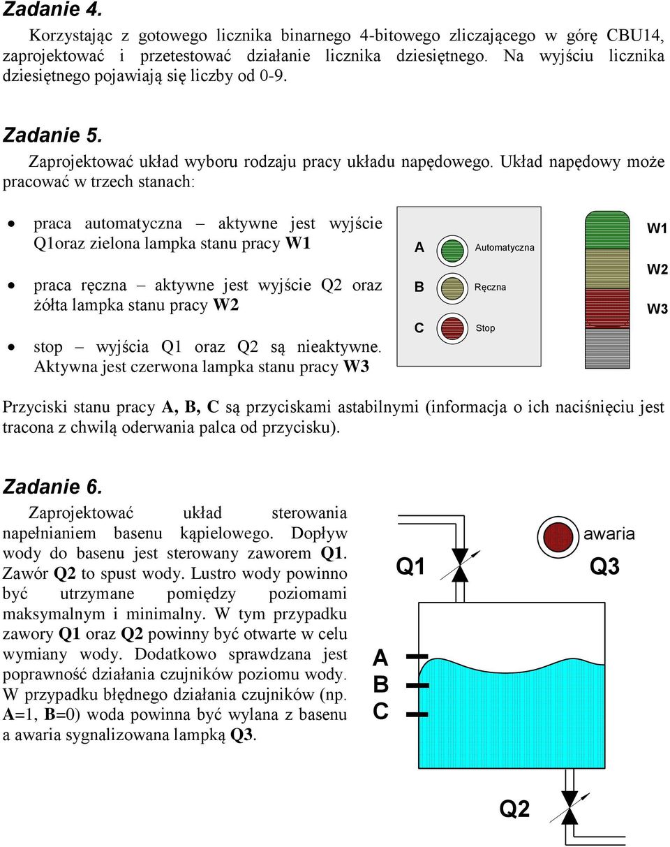 Układ napędowy może pracować w trzech stanach: praca automatyczna aktywne jest wyjście Q1oraz zielona lampka stanu pracy W1 praca ręczna aktywne jest wyjście Q2 oraz żółta lampka stanu pracy W2 stop