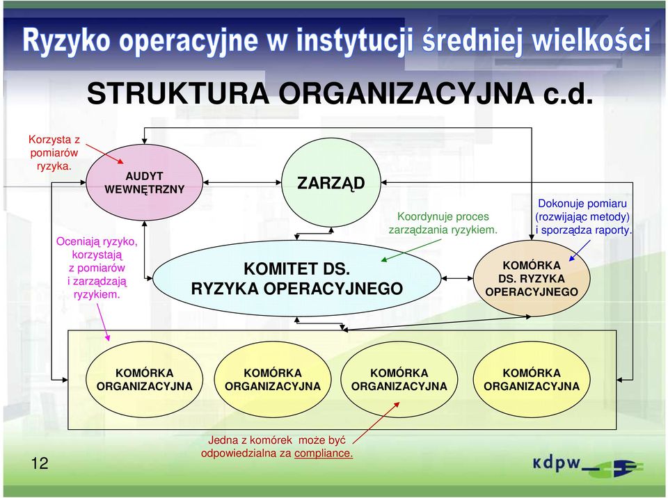 RYZYKA OPERACYJNEGO Koordynuje proces zarządzania ryzykiem. KOMÓRKA DS.