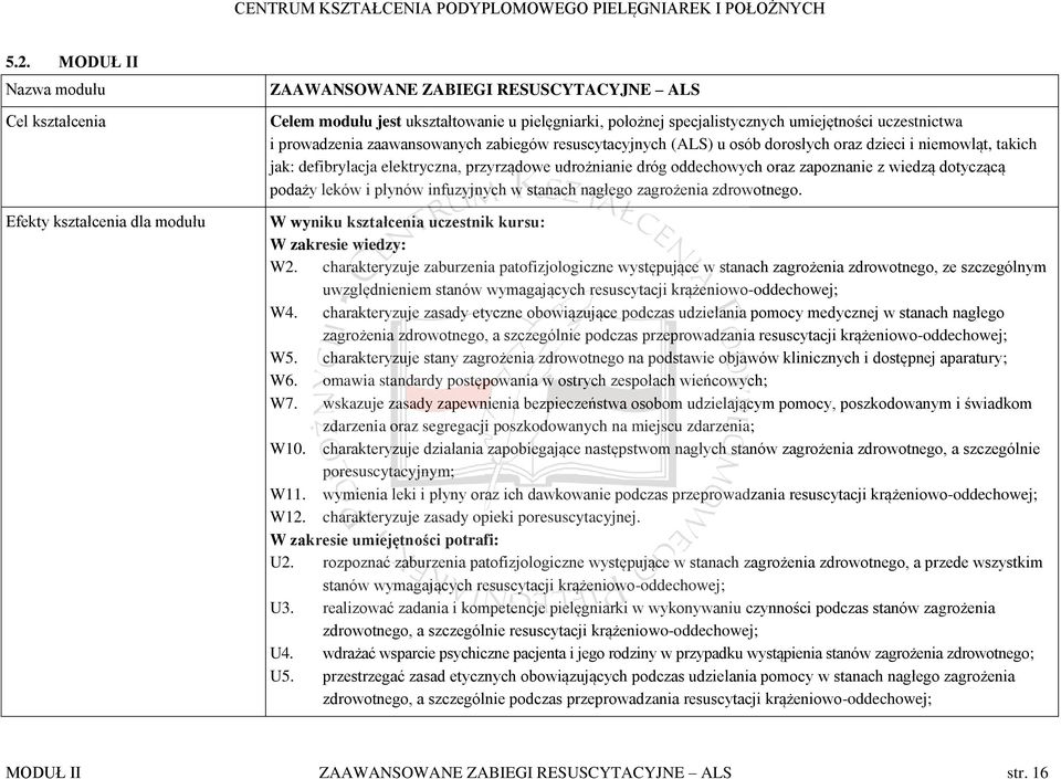 oddechowych oraz zapoznanie z wiedzą dotyczącą podaży leków i płynów infuzyjnych w stanach nagłego zagrożenia zdrowotnego. W wyniku kształcenia uczestnik kursu: W zakresie wiedzy: W2.