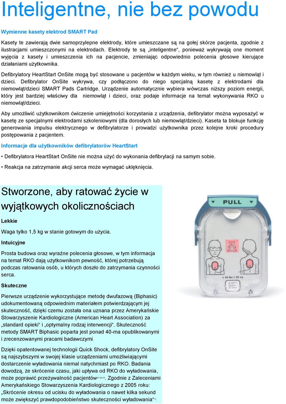 Elektrody te są inteligentne, ponieważ wykrywają one moment wyjęcia z kasety i umieszczenia ich na pacjencie, zmieniając odpowiednio polecenia głosowe kierujące działaniami użytkownika.