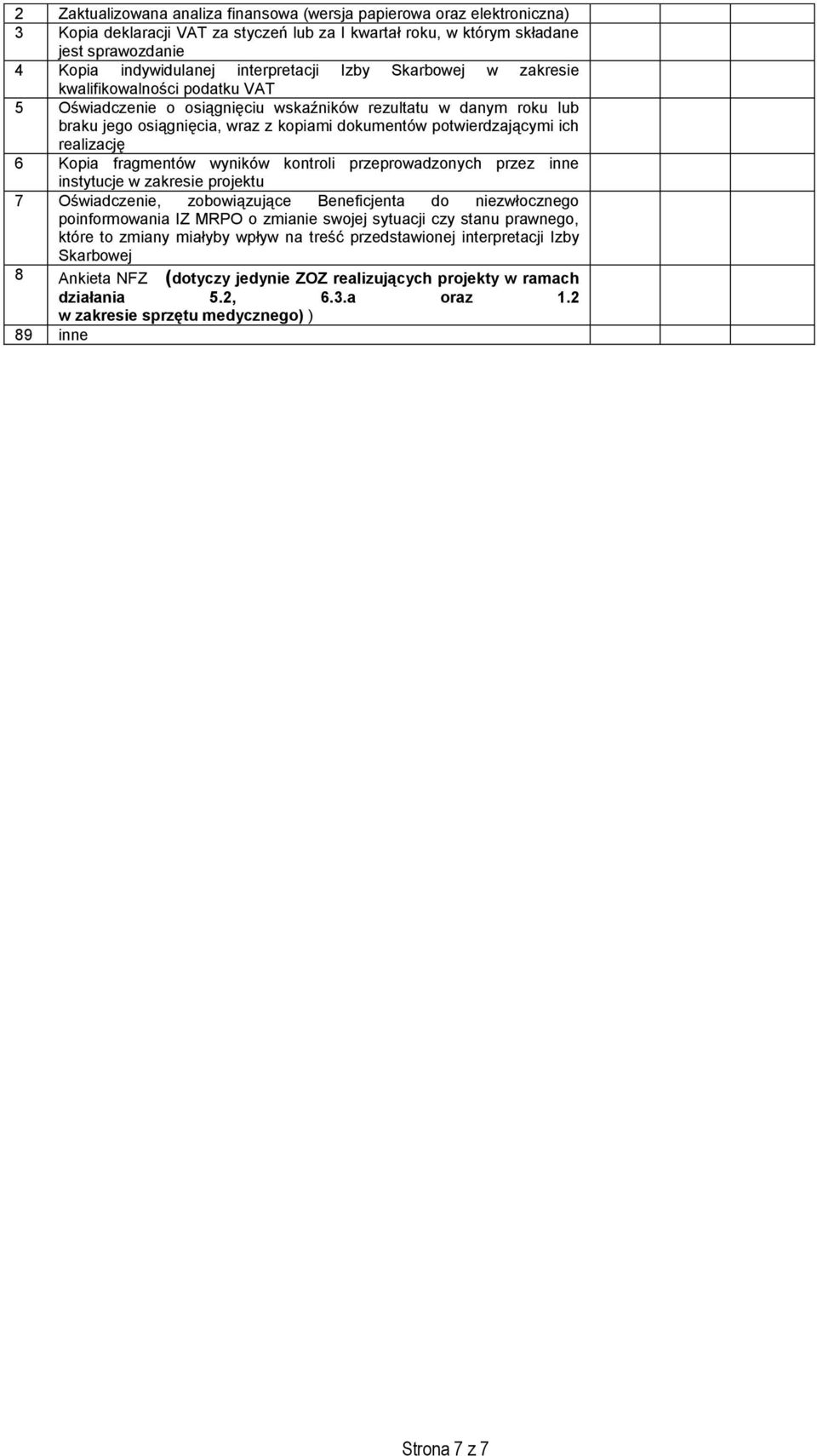 potwierdzającymi ich realizację 6 Kopia fragmentów wyników kontroli przeprowadzonych przez inne instytucje w zakresie projektu 7 Oświadczenie, zobowiązujące Beneficjenta do niezwłocznego
