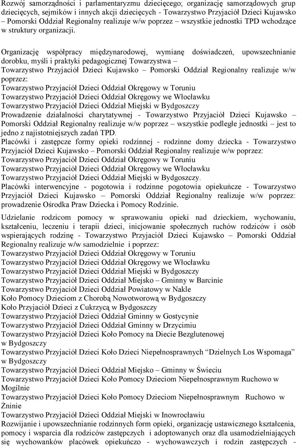 Organizację współpracy międzynarodowej, wymianę doświadczeń, upowszechnianie dorobku, myśli i praktyki pedagogicznej Towarzystwa Towarzystwo Przyjaciół Dzieci Kujawsko Pomorski Oddział Regionalny