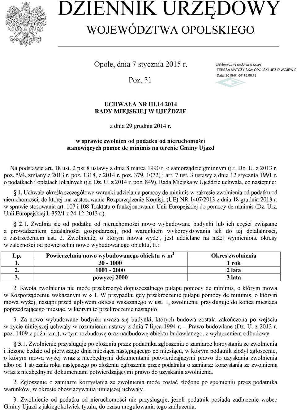 o samorządzie gminnym (j.t. Dz. U. z 2013 r. poz. 594, zmiany z 2013 r. poz. 1318, z 2014 r. poz. 379, 1072) i art. 7 ust. 3 ustawy z dnia 12 stycznia 1991 r. o podatkach i opłatach lokalnych (j.t. Dz. U. z 2014 r. poz. 849), Rada Miejska w Ujeździe uchwala, co następuje: 1.