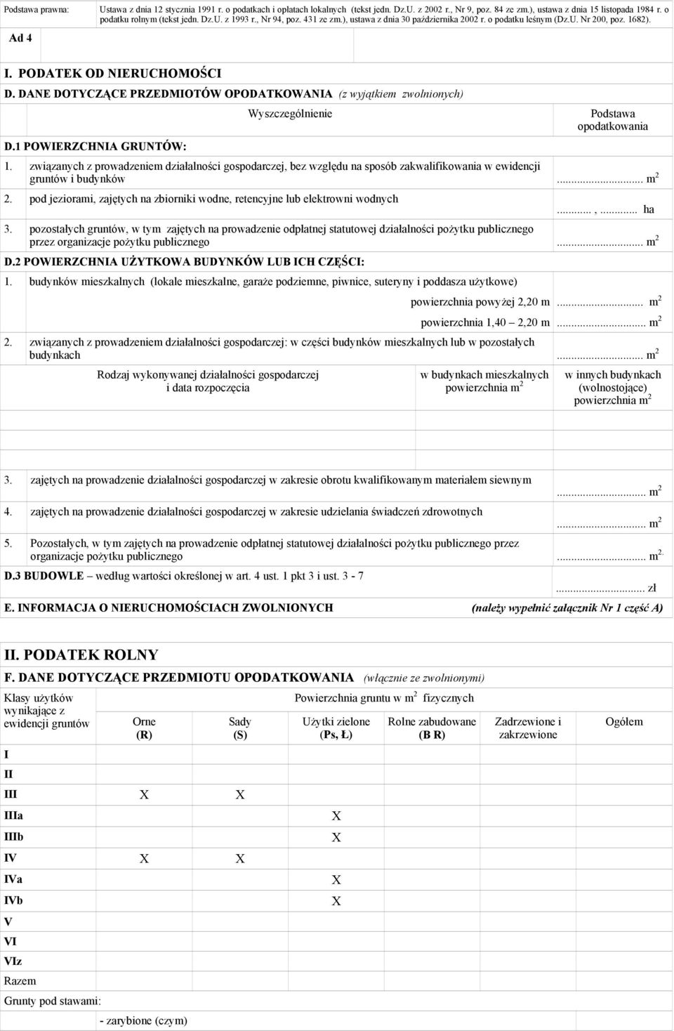 DANE DOTYCZĄCE PRZEDMIOTÓW OPODATKOWANIA (z wyjątkiem zwolnionych) D.1 POWIERZCHNIA GRUNTÓW: Wyszczególnienie Podstawa opodatkowania 1.