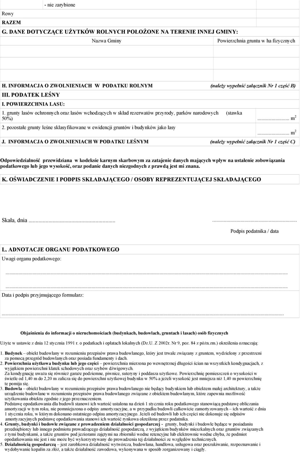 grunty lasów ochronnych oraz lasów wchodzących w skład rezerwatów przyrody, parków narodowych (stawka 50%)... m 2 2. pozostałe grunty leśne sklasyfikowane w ewidencji gruntów i budynków jako lasy.