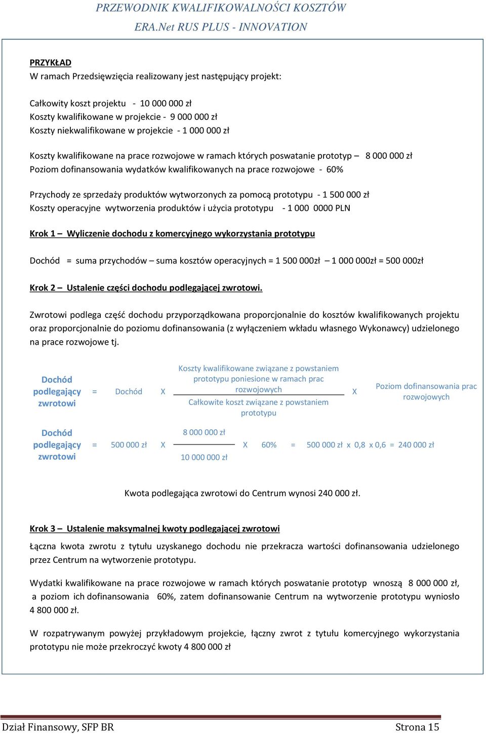 produktów wytworzonych za pomocą prototypu - 1 500 000 zł Koszty operacyjne wytworzenia produktów i użycia prototypu - 1 000 0000 PLN Krok 1 Wyliczenie dochodu z komercyjnego wykorzystania prototypu