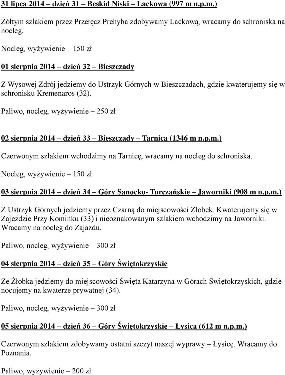 Paliwo, nocleg, wyżywienie 250 zł 02 sierpnia 2014 dzień 33 Bieszczady Tarnica (1346 m n.p.m.) Czerwonym szlakiem wchodzimy na Tarnicę, wracamy na nocleg do schroniska.