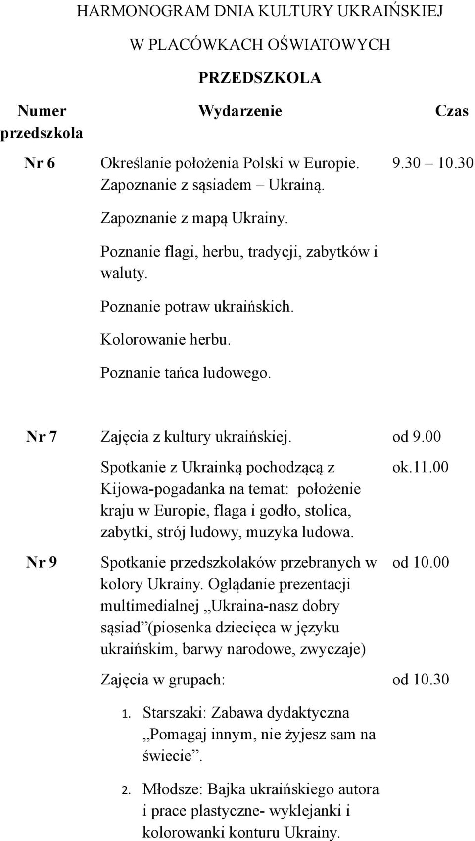 30 Nr 7 Zajęcia z kultury ukraińskiej. od 9.