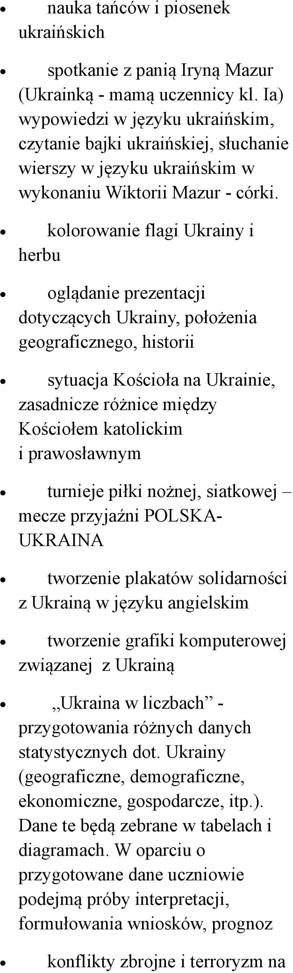 kolorowanie flagi Ukrainy i herbu oglądanie prezentacji dotyczących Ukrainy, położenia geograficznego, historii sytuacja Kościoła na Ukrainie, zasadnicze różnice między Kościołem katolickim i