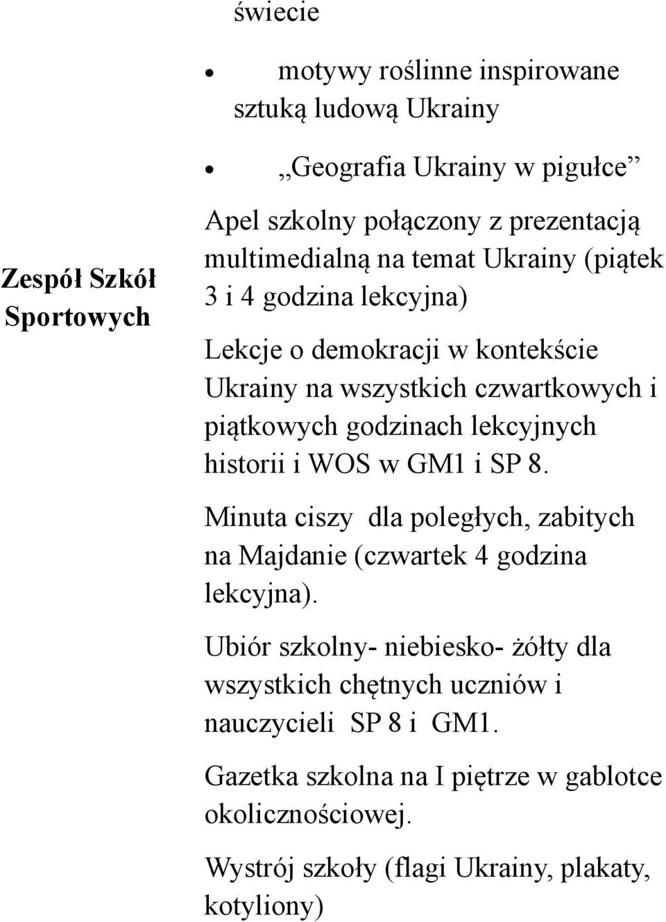 lekcyjnych historii i WOS w GM1 i SP 8. Minuta ciszy dla poległych, zabitych na Majdanie (czwartek 4 godzina lekcyjna).