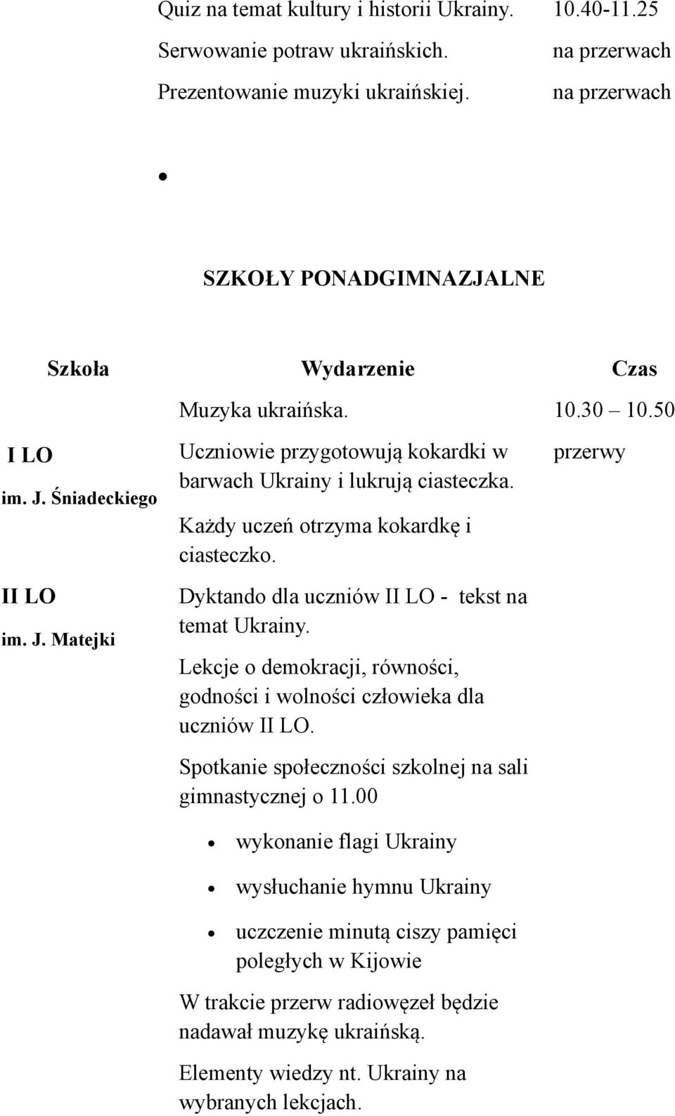 Każdy uczeń otrzyma kokardkę i ciasteczko. Dyktando dla uczniów II LO - tekst na temat Ukrainy. Lekcje o demokracji, równości, godności i wolności człowieka dla uczniów II LO.