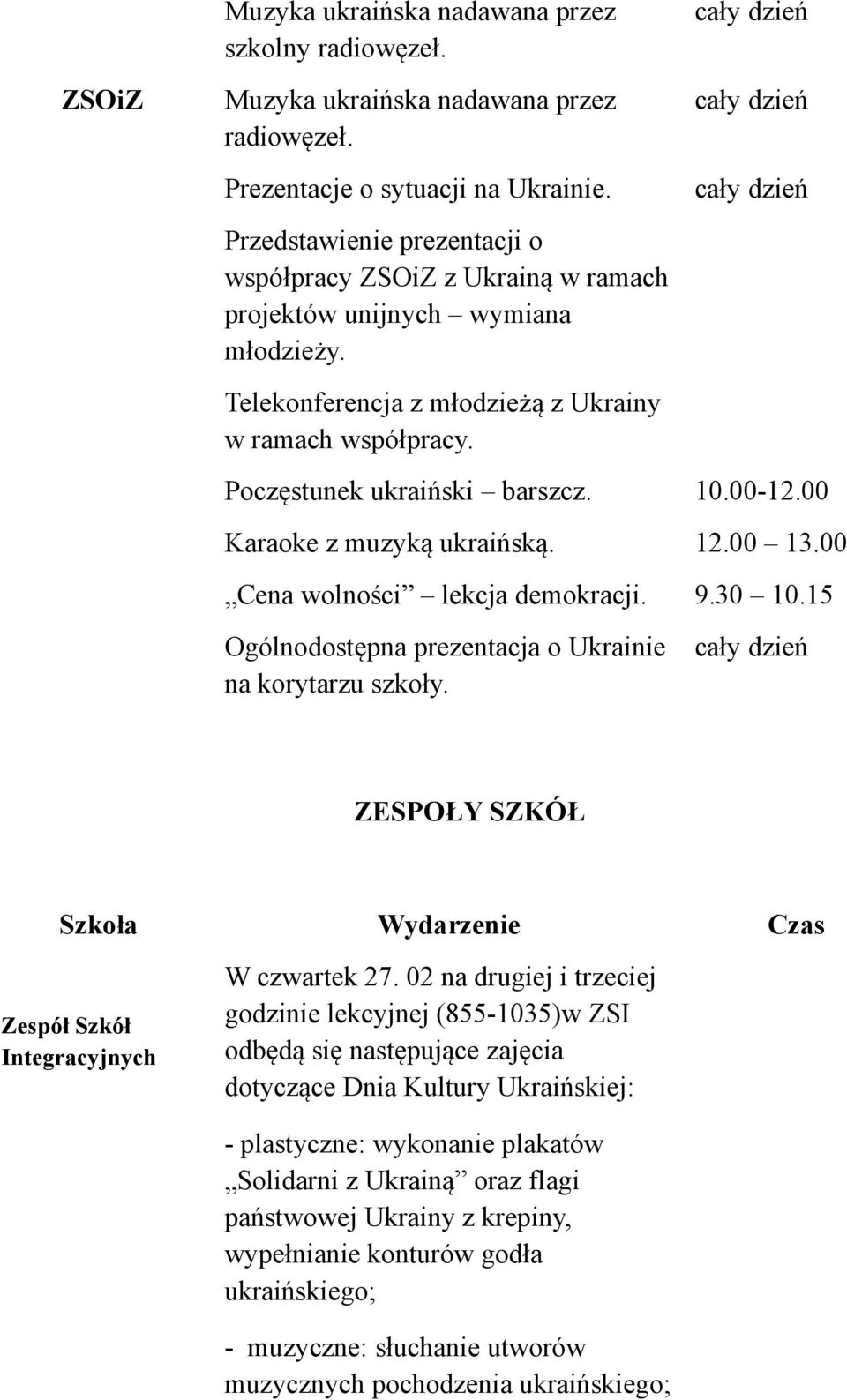 00-12.00 Karaoke z muzyką ukraińską. 12.00 13.00 Cena wolności lekcja demokracji. 9.30 10.15 Ogólnodostępna prezentacja o Ukrainie na korytarzu szkoły.